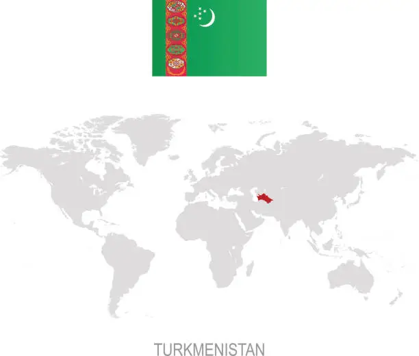 Vector illustration of Flag of Turkmenistan and designation on World map