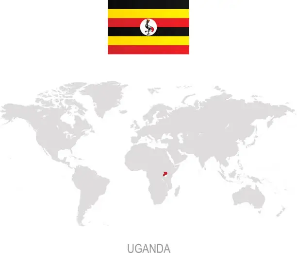 Vector illustration of Flag of Uganda and designation on World map