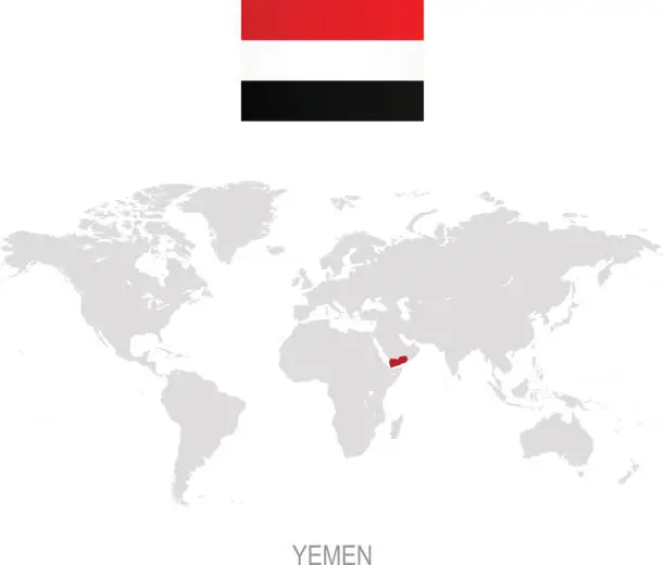 Vector illustration of Flag of Yemen and designation on World map