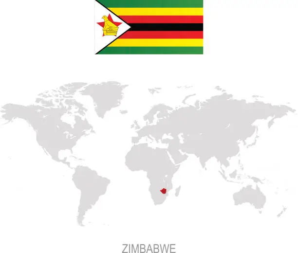 Vector illustration of Flag of Zimbabwe and designation on World map