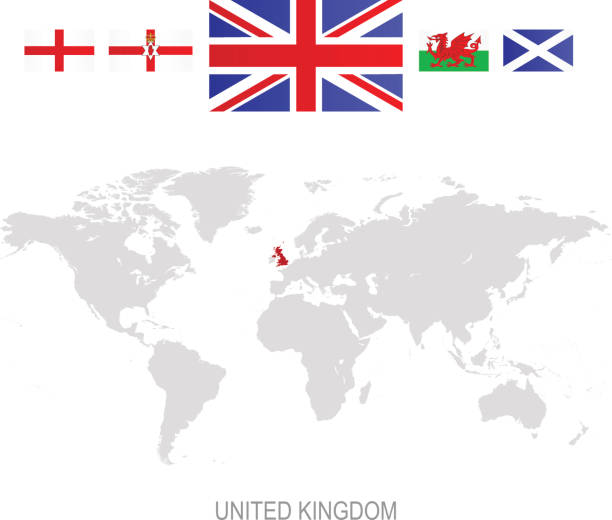 flagge des vereinigten königreichs und bezeichnung auf der weltkarte - english flag british flag flag british culture stock-grafiken, -clipart, -cartoons und -symbole
