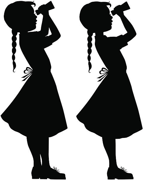 Girl with binoculars Little girl with braid, and wearing skirt while looking through binoculars. Silhouette in two variations. binoculars silhouettes stock illustrations