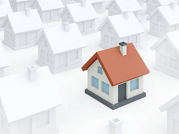 istock Colored toy home among ordinary white houses (3D render) 467480398