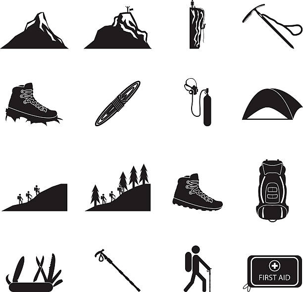 Hiking and mountain climbing icon set set of Hiking and mountain climbing icon person oxygen tank stock illustrations