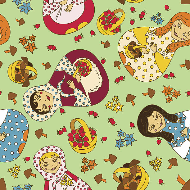 ilustraciones, imágenes clip art, dibujos animados e iconos de stock de patrón sin costuras de muñecas rusas matrioshka - babushka russian nesting doll doll green