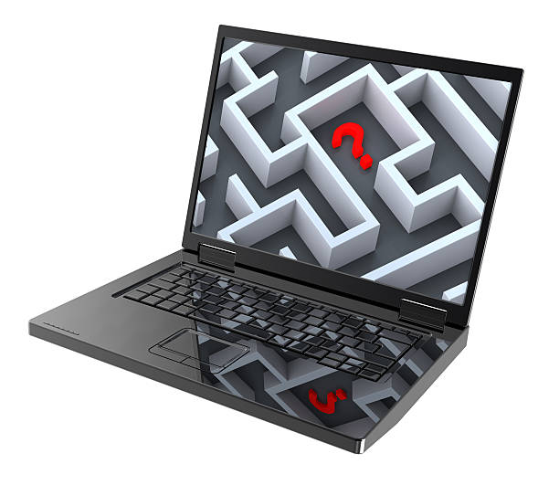 istock Laptop with maze on the screen isolated over white. 467488876