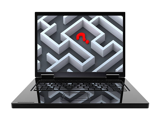 istock Laptop with maze on the screen isolated over white. 467493948