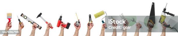 13 Hands Holding Different Types Of Tools Stock Photo - Download Image Now - Work Tool, Human Hand, Cut Out