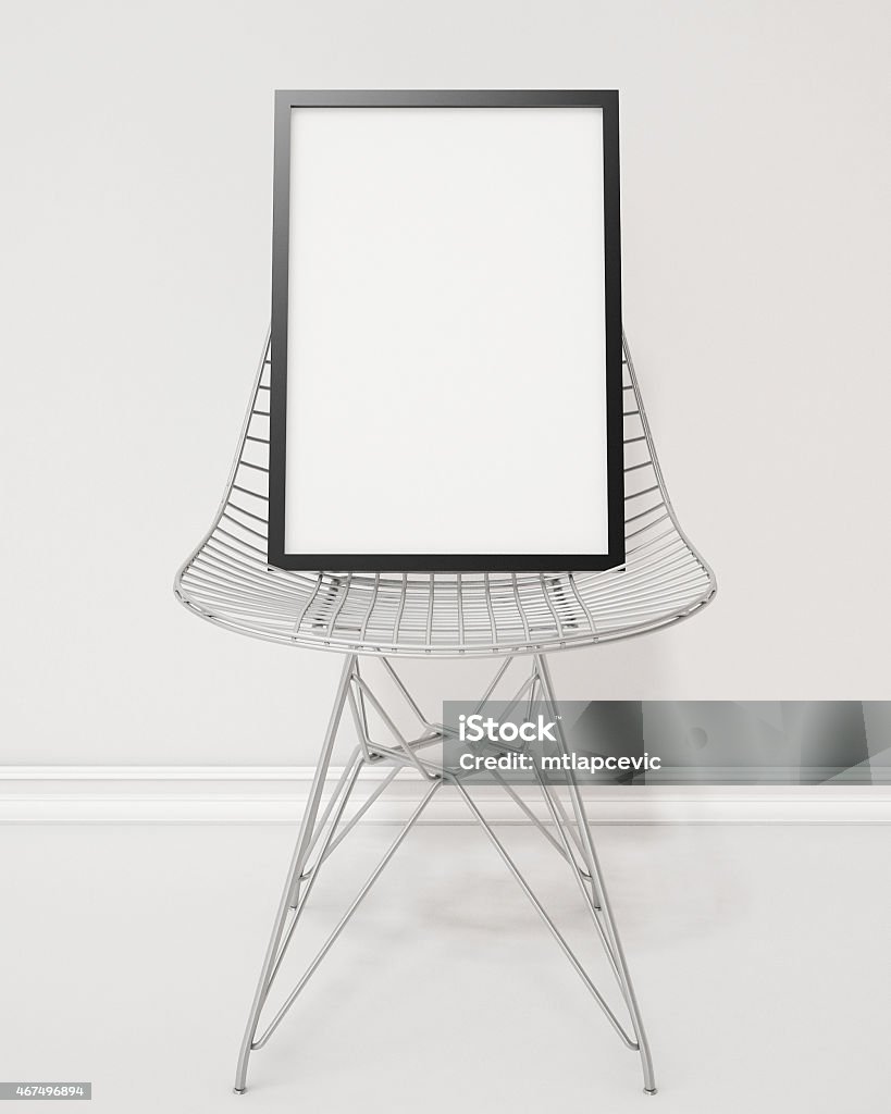 3D model, blank poster frame on the armchair, background Black Color Stock Photo