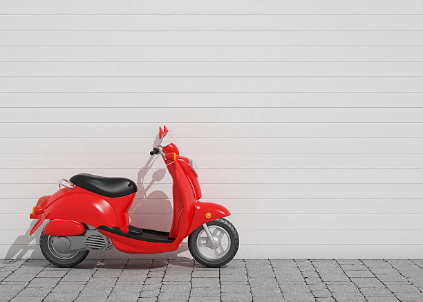 istock A red vintage scooter leaning on a white wall 467496918