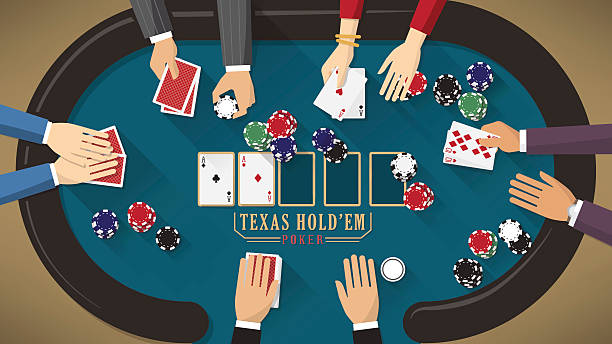 Hold'em poker banner People playing poker around a poker table with dealer, the woman is winning poker stock illustrations