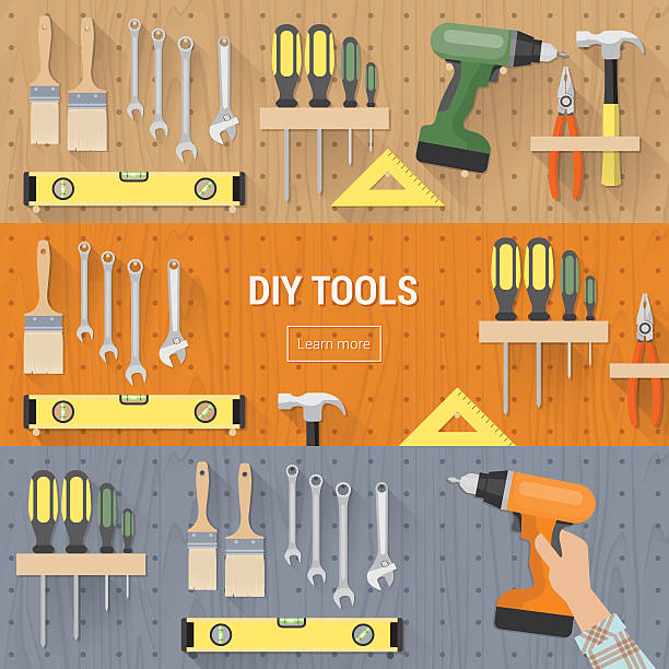 ilustrações, clipart, desenhos animados e ícones de diy toold conjunto de banners - pliers hand tool human hand work tool