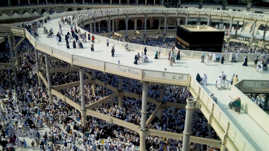 Makkah, Saudi Arabia : October 10,2013 : A group of muslims performing tawaf around the Holy kaaba during hajj season.