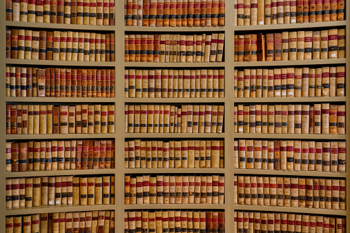 Jackson, Mississippi, USA - January 14, 2014: Collection of old law books in the Law Library of the Old Mississippi State Capitol building in Jackson, Mississippi
