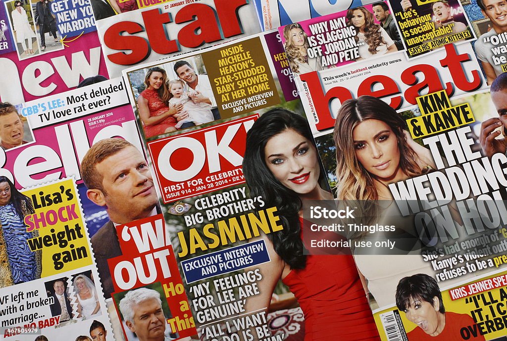 Entertainment Magazines Bracknell, United Kingdom - January 28, 2014: A selection of the celebrity news, gossip and entertainment magazines on sale in the United Kingdom Celebrities Stock Photo