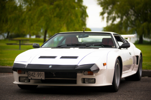Vancouver, Canada - June 8, 2013: A front view of a rare classic De Tomasso Pantera  sports car, in white. This collector Italian super car car was seen at a 