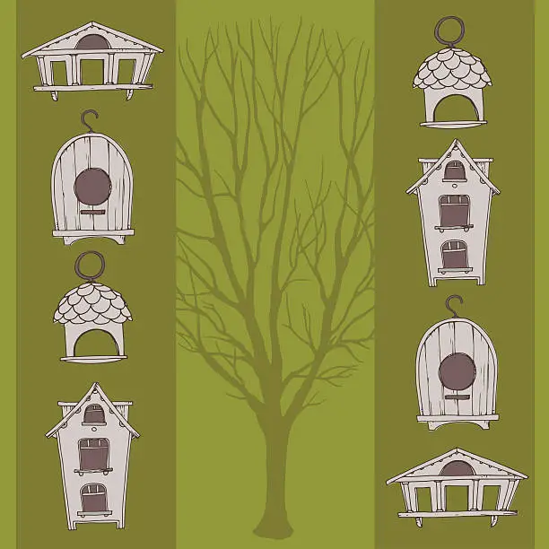 Vector illustration of Birdhouses and  tree