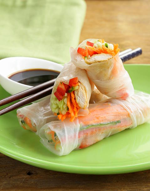istock spring rolls with vegetables and chicken on a plate 467508535