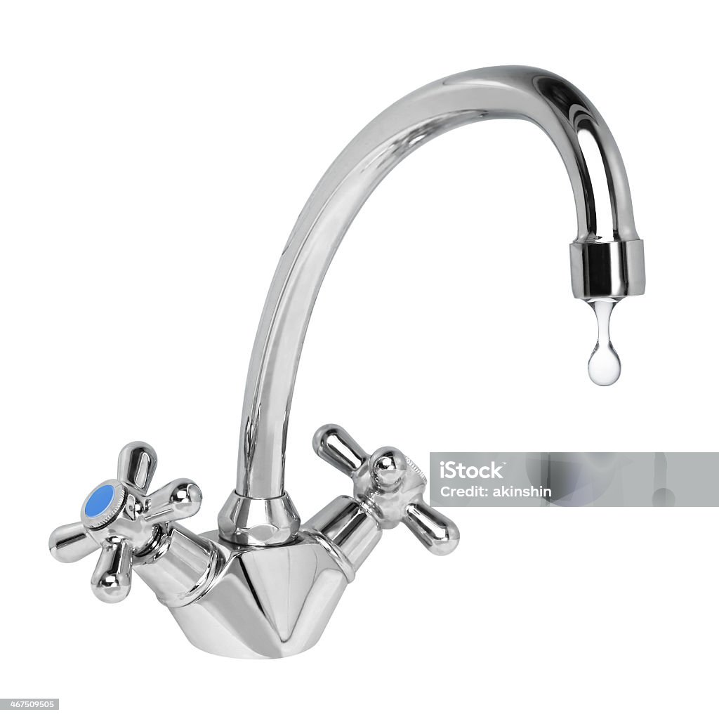 Silver faucet with water dripping out of the tap  Water dripping from a tap on a white background Faucet Stock Photo