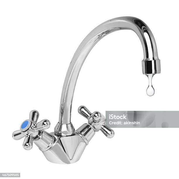 Silver Faucet With Water Dripping Out Of The Tap Stock Photo - Download Image Now - Faucet, White Background, Drop