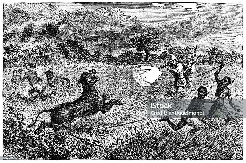 Victorian engraving of an African safari hunt photographed from a book  titled 'The World's Wonders as Seen by the Great Tropical and Polar Explorers' published in London 1883.  Copyright has expired on this artwork. Digitally restored. Africa stock illustration