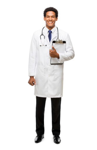 A young latin doctor holding a clipboard in one hand. Isolated on a white background.
