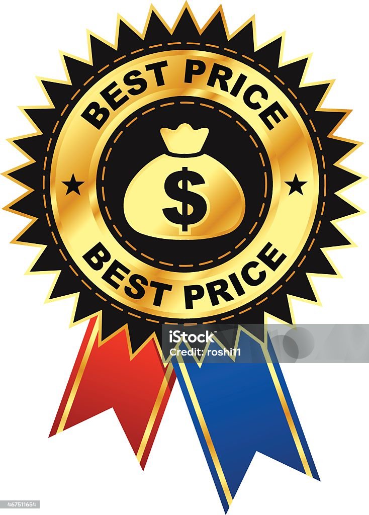Best Price Badge with Red and Blue Ribbons A black and gold "Best Price" icon with blue and red ribbons. The sack of money icon indicates that your product has the best price available. 2015 stock vector