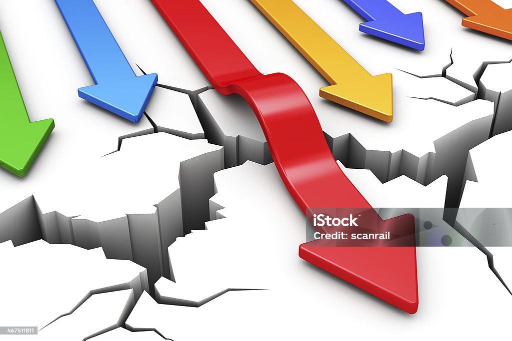Success and leadership concept Creative abstract success, leadership and business competition challenge corporate concept: red arrow overcoming crack obstacle isolated on white background Abstract Stock Photo