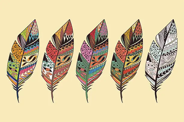 Vector illustration of Set of five colorful tribal patterned feather illustrations