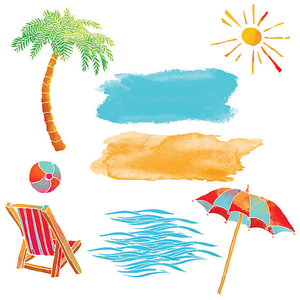 ilustrações, clipart, desenhos animados e ícones de aquarela conjunto de verão na praia - chair beach chaise longue isolated
