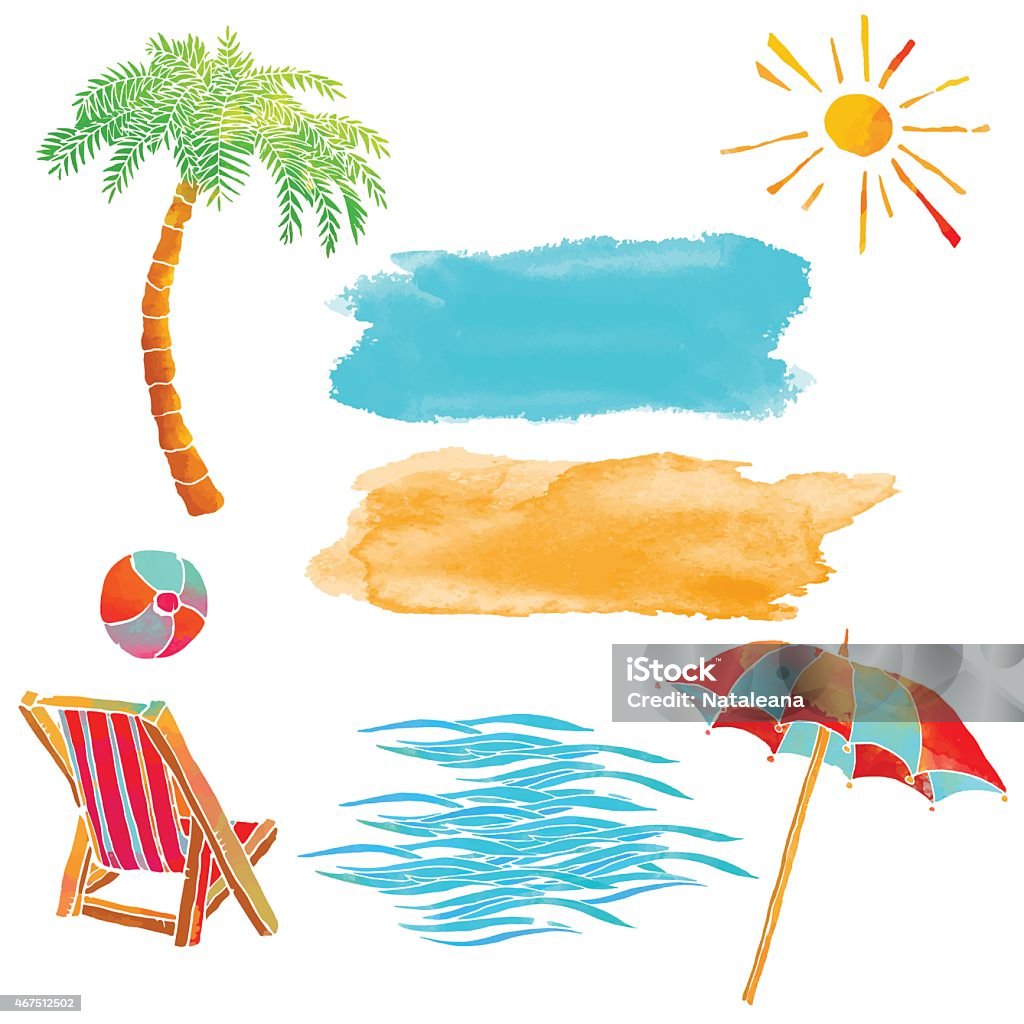 Watercolor summer beach set Watercolor summer beach set. Waves, sea, palm tree, sun, sun umbrella, ball, deck chair, sand isolated on white background - vector artwork Watercolor Painting stock vector