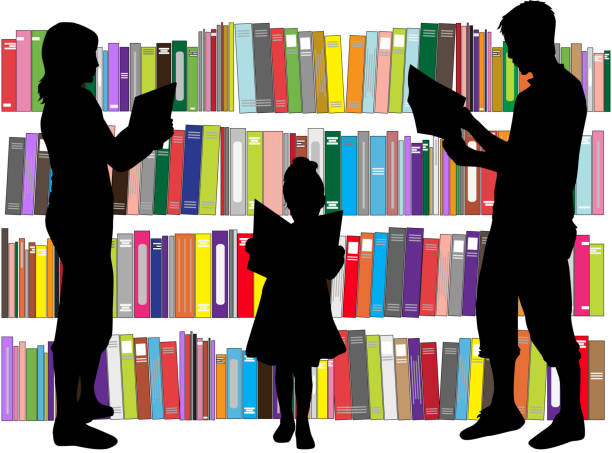 illustrazioni stock, clip art, cartoni animati e icone di tendenza di silhouette di una famiglia la lettura di un libro - reading book men paperback