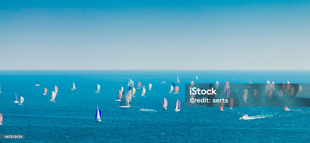 Windsurfing race on sea Panoramic view of alot of wind surfer are racing on sea in Bosphorus, Istanbul, Turkey Windsurfing Stock Photo