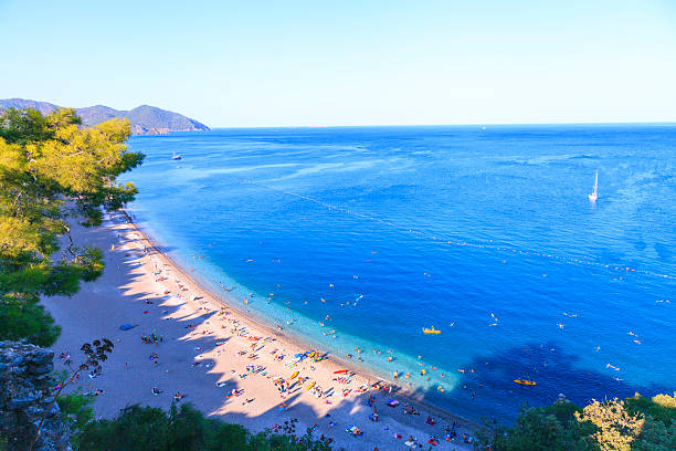 Perfect sandy beach in nature mediterranean coast from high angle in Olympos, Antalya, Turkey alanya stock pictures, royalty-free photos & images
