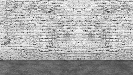 Texture of long empty white brick wall and foreground