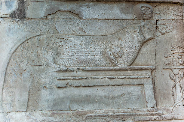 Well preserved authentic real Egyptian hieroglyphs on the wall in the Sobek temple in Kom Ombo, Egypt