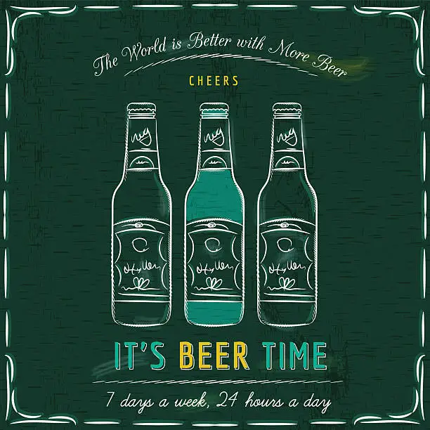 Vector illustration of Green blackboard with three bottles of beer and text