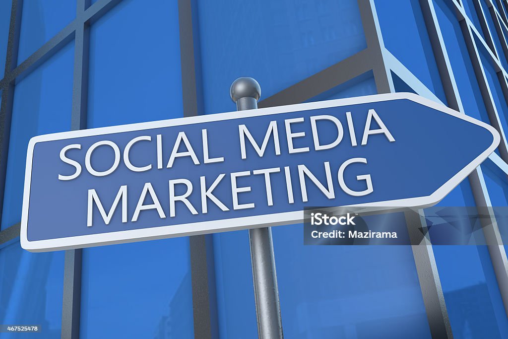 Social Media Marketing Social Media Marketing - illustration with street sign in front of office building. 2015 Stock Photo