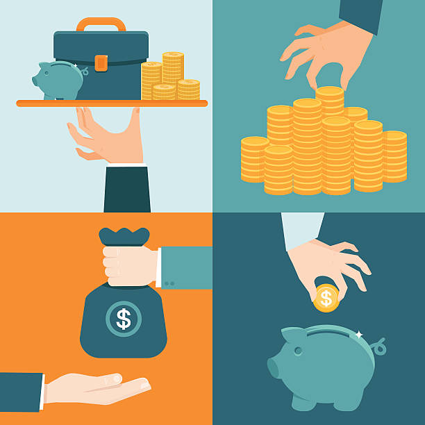 Vector set of banking concepts in flat style Vector set of banking concepts in flat style - businessman's hand with serve plate - special offer - investment and savings bag of coins stock illustrations