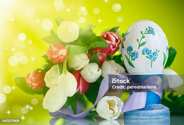 Decorative Easter Egg With A Bouquet Of Spring Tulips Stock Photo - Download Image Now