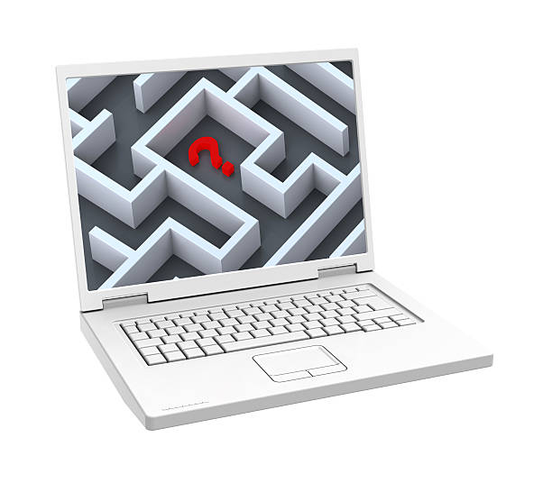 istock Laptop with maze on the screen isolated over white. 467527868