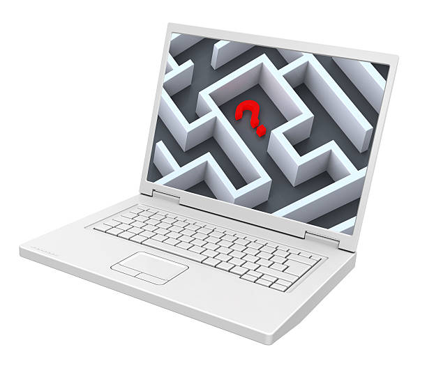 istock Laptop with maze on the screen isolated over white. 467527870