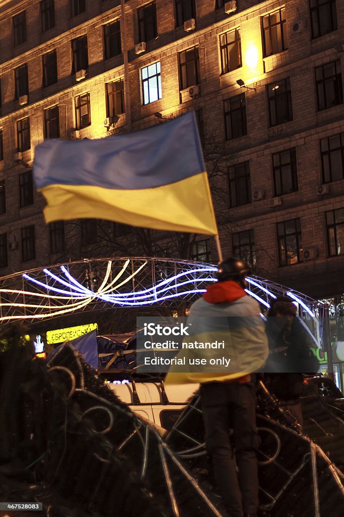 Euromaidan protester z Flaga oznacza na odgrodzenia - Zbiór zdjęć royalty-free (Autorytet)