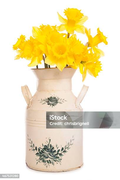 Daffodils In A Shabby Chic Vase Stock Photo - Download Image Now - 2015, Bouquet, Bunch of Flowers