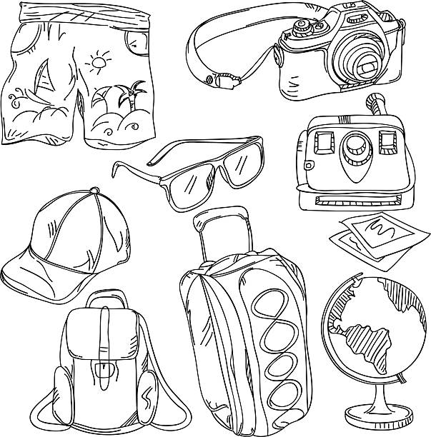 illustrazioni stock, clip art, cartoni animati e icone di tendenza di raccolta di icone di viaggio - pencil drawing flash