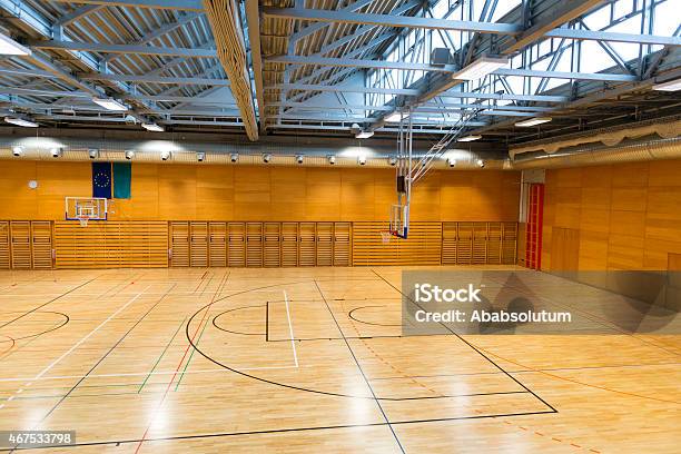 Empty Sports Hall Metal Roof Wall Bars New Parquet Europe Stock Photo - Download Image Now