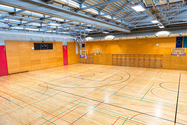vacío sports hall, metal, barras de pared, techo de madera, europa nueva - school gymnasium parquet floor sport empty fotografías e imágenes de stock