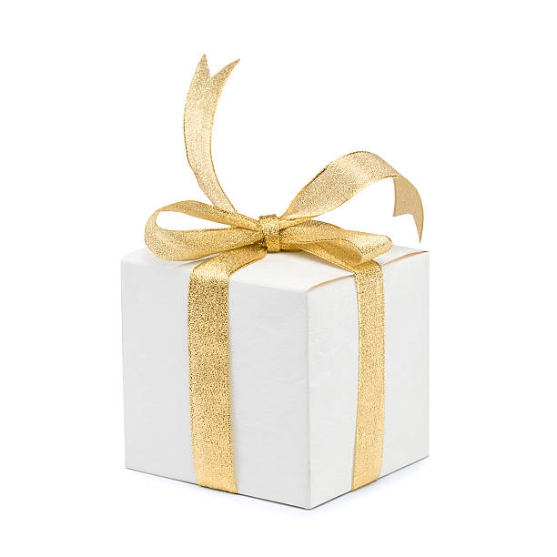 istock Gift box with golden ribbon bow on white background 467534208
