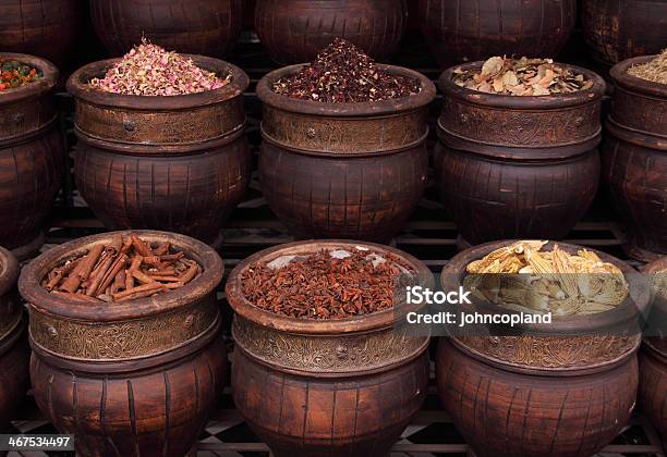 Urns Of Spices And Herbs Marrakesh Morocco Stock Photo - Download Image Now - Anise, Cinnamon, Cultures