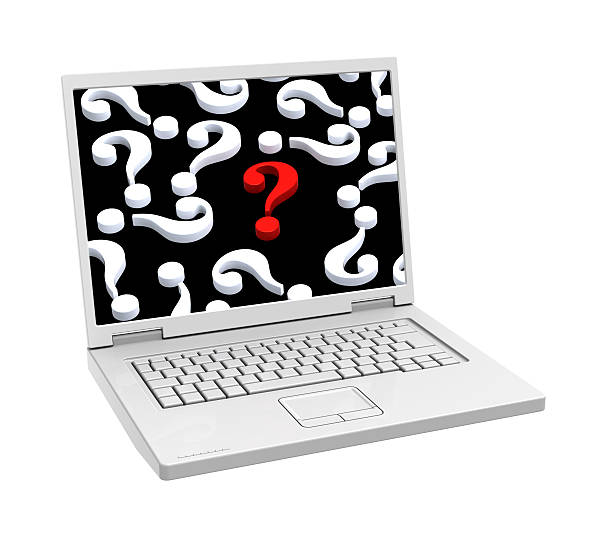 istock Laptop with question marks on the screen isolated over white. 467537856
